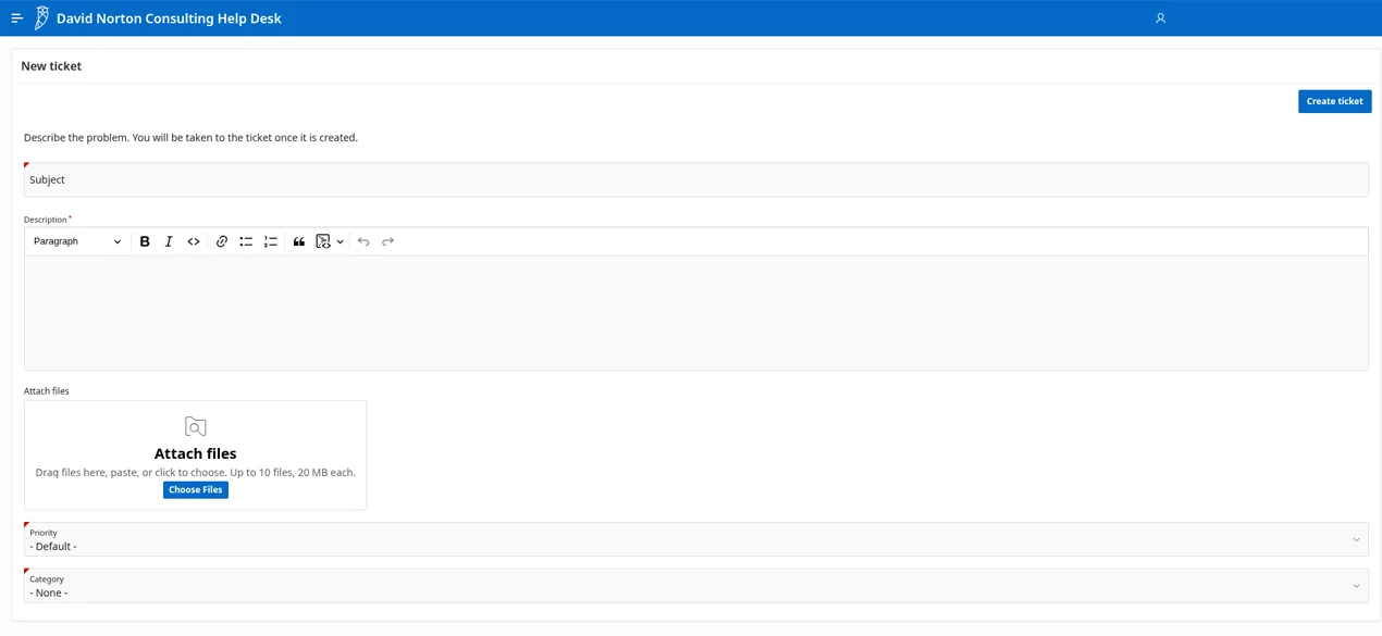 New ticket form with subject, description, attachments, priority and category