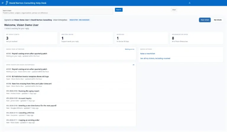DNC Help Desk customer portal home page showing open tickets for the Vision Enterprises demo organization