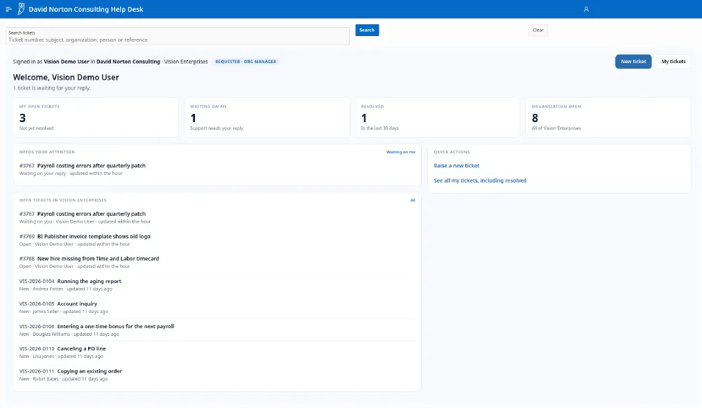 DNC Help Desk customer portal home page showing open tickets for the Vision Enterprises demo organization