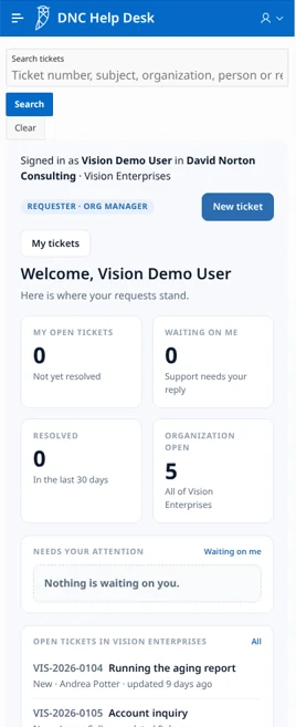 DNC Help Desk customer portal on a phone screen