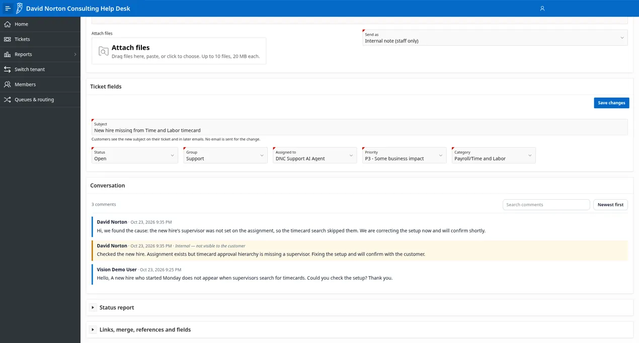 Staff ticket view with the "Send as: Internal note (staff only)" option and an internal note in the conversation