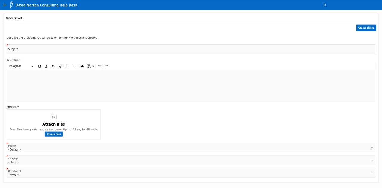 Staff new-ticket form with the "On behalf of" field