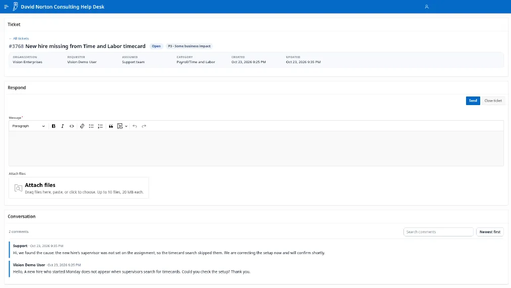 Customer ticket view with the customer's question and the support reply
